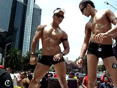 Gay hunks with great bodies out in middle of city