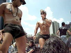 Gay hunks with great bodies out in middle of city